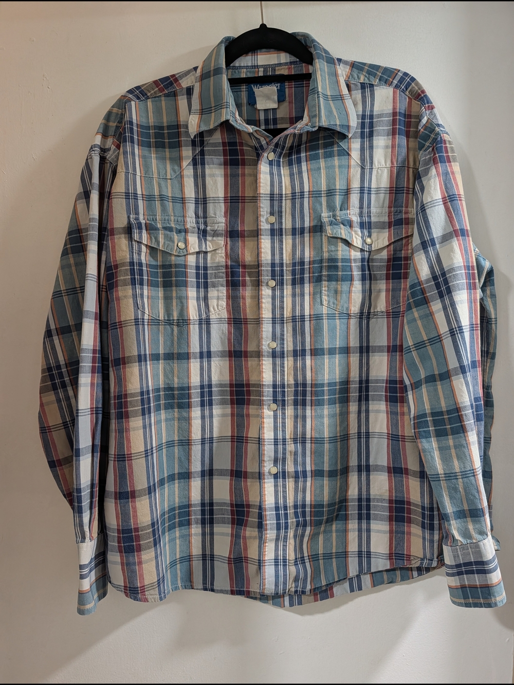 Wrangler Vintage Men's Plaid Button-Down Shirt in Blue, White, and Orange